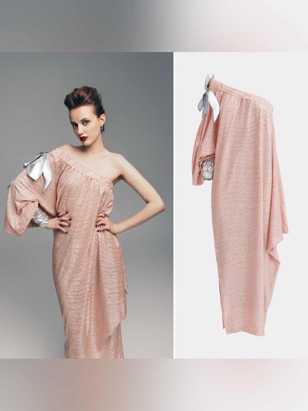 Julia Allert One Shoulder Metallic Rose Silver Draped Dress Small $535